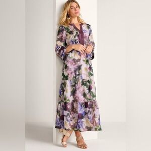 Soft Surroundings Baroque Maxi Dress Floral Tiered Long Sleeve Size L